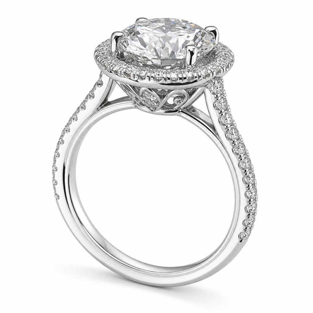 CAD render upgraded to photoreal halo engagement ring