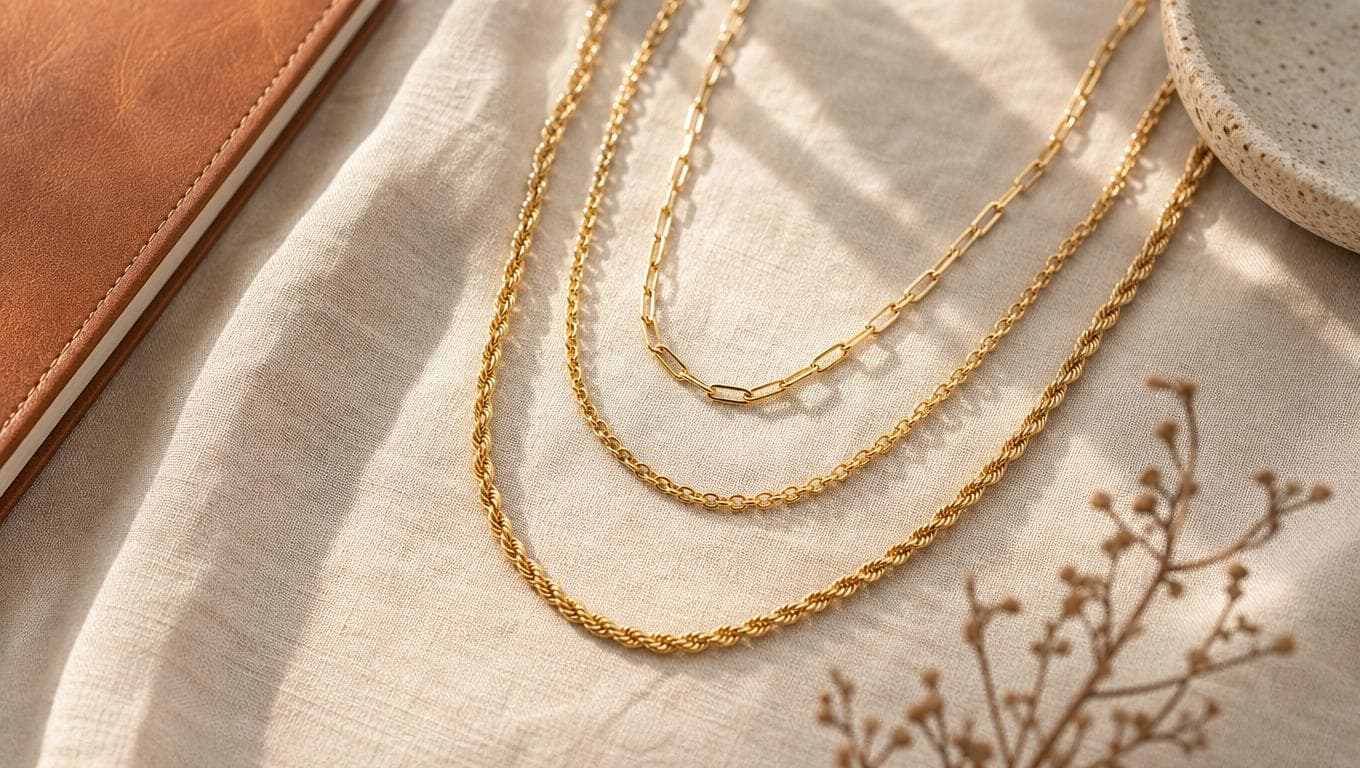 Lifestyle flat-lay of gold chains on linen