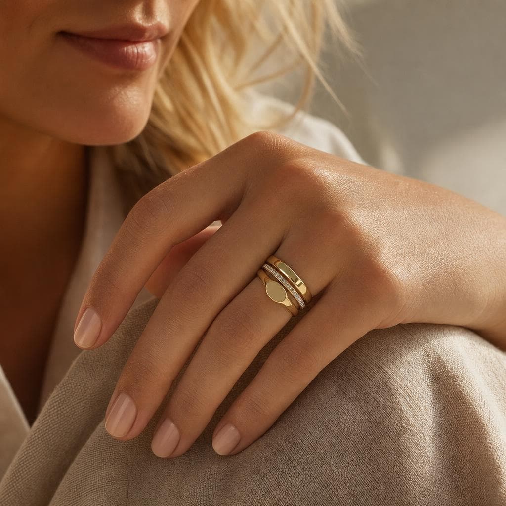 Try-on close-up of a woman wearing a stack of gold rings