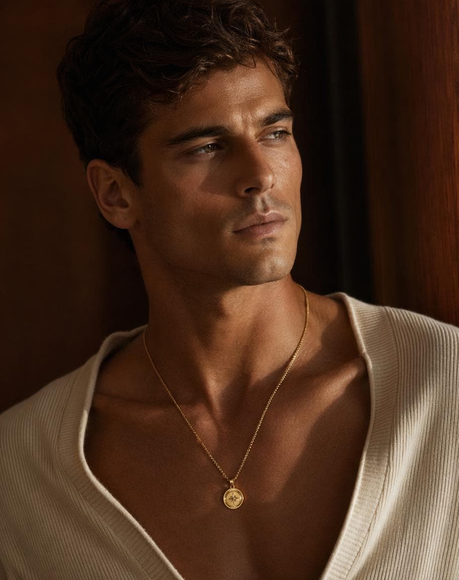 Tall portrait of a male model wearing a gold pendant necklace