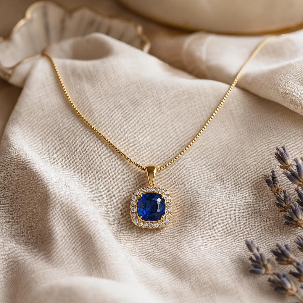Sapphire pendant resting on natural linen