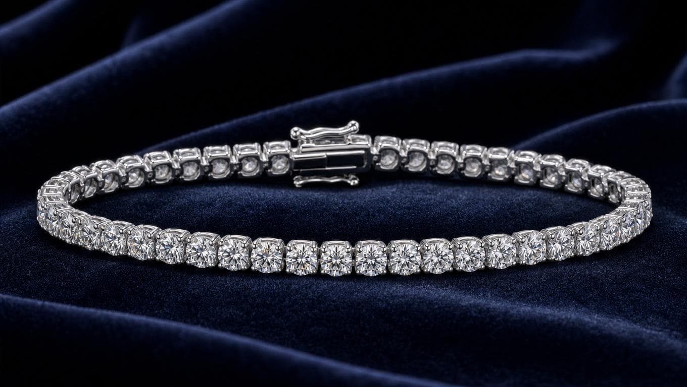 Macro product shot of a tennis bracelet on velvet