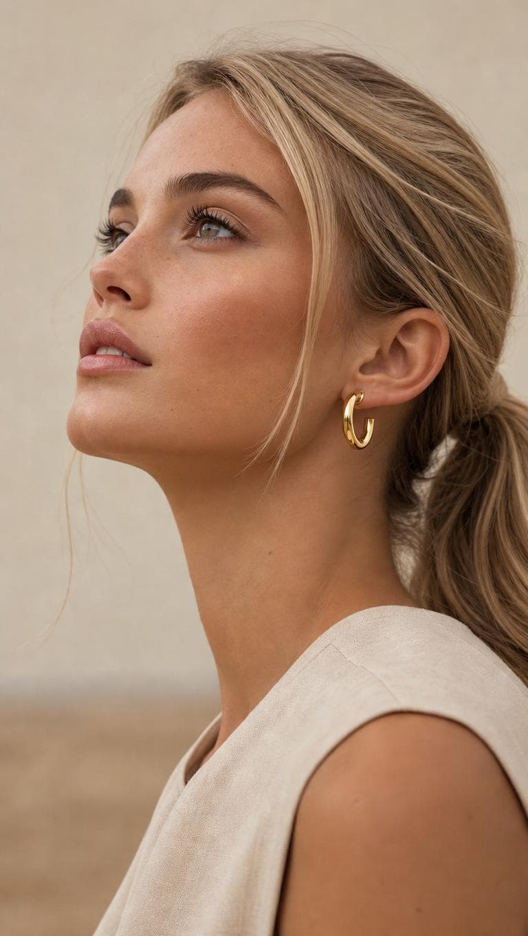 Portrait of model wearing gold hoops