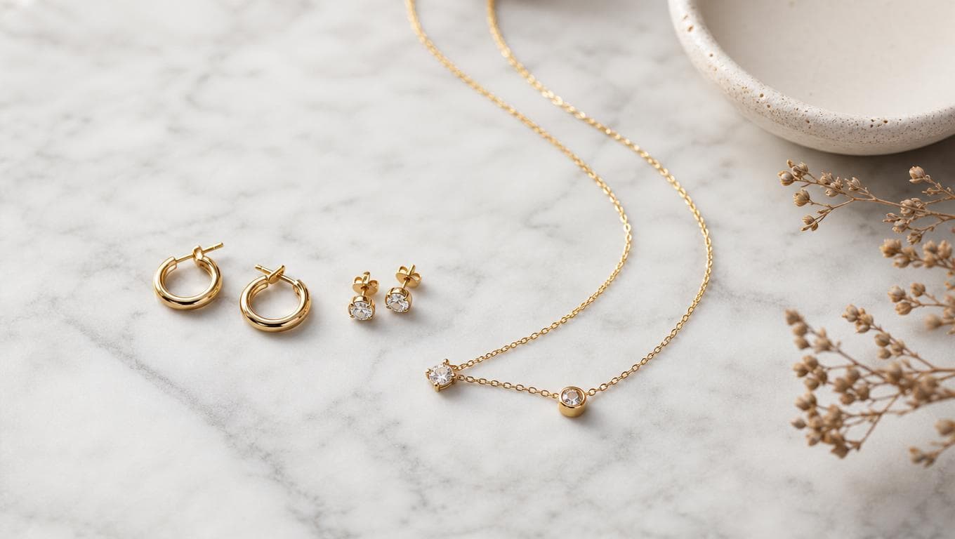 Flat lay of earrings and chains
