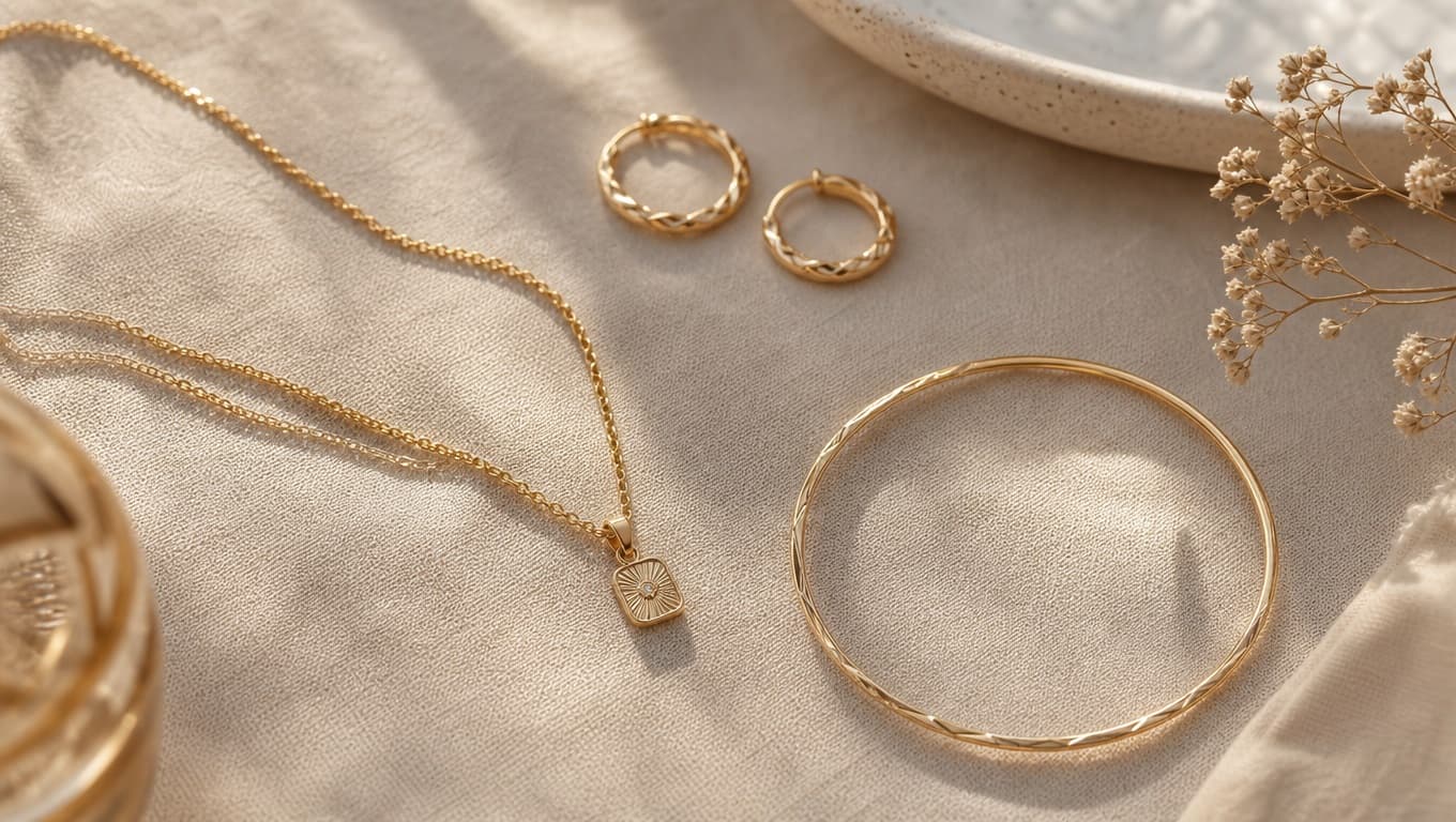 Lifestyle flat-lay of gold jewellery on textured surface